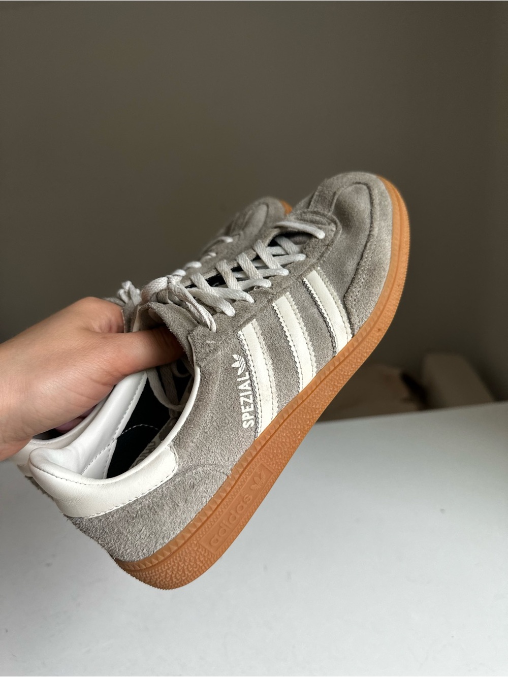 adidas Spezial Suede Sneakers in Light Gray and White with Gum Sole - Picture 10 of 10